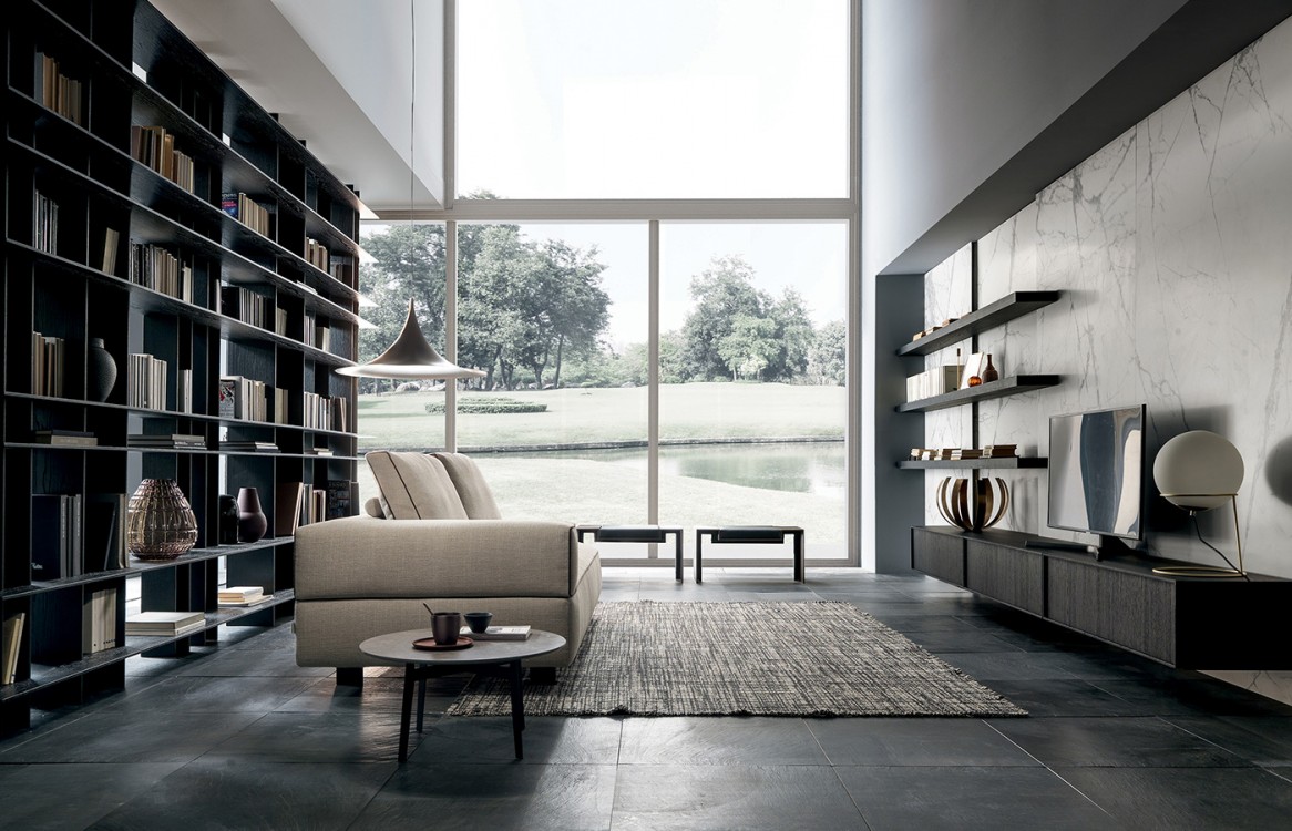 Zona Living con libreria Blade di Modulnova